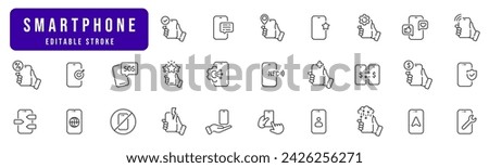 Smartphone line icon set. Phone, mobile phone in hand, sms, finger, like etc. Editable stroke. Part 2