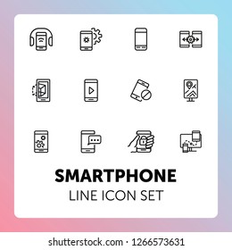 Smartphone line icon set. Settings, navigation, multimedia content. Mobile technology concept. Can be used for topics like app design, phone features