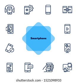Smartphone line icon set. Settings, navigation, multimedia content. Mobile technology concept. Can be used for topics like app design, phone features