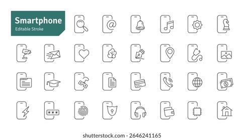 Conjunto de iconos de línea de teléfono inteligente. Tecnología, Funciones móviles, Compras en línea, App, Seguridad, Comunicación, Marketing, Promoción, Iconos de dispositivos Editable Ilustración vectorial de trazo
