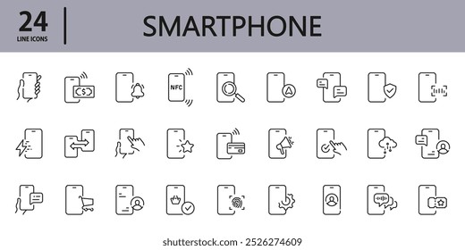 Iconos de línea de teléfono inteligente con teléfono, Configuraciones, Búsqueda, mensaje, carga, llamada, pantalla táctil y más. Trazo editable