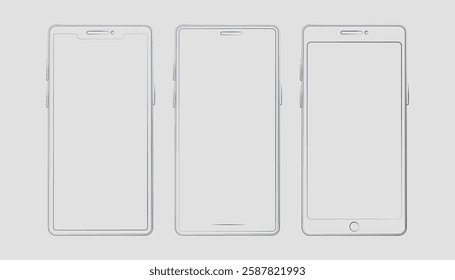 Smartphone line and realistic style, detailed mobile phone mockup, black and white models smartphone front view.