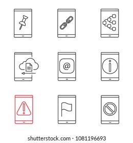 Smartphone linear icons set. File attach, link, content sharing, cloud storage, e-mail, info, error, GPS navigation, no signal. Thin line contour symbols. Isolated vector outline illustrations