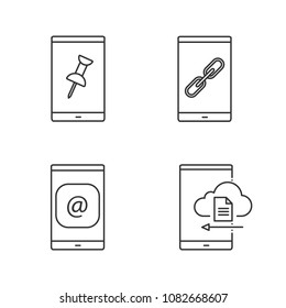 Smartphone linear icons set. File attach, link, e-mail, cloud storage. Thin line contour symbols. Isolated vector outline illustrations