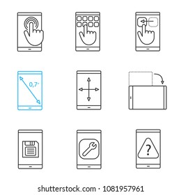 Smartphone linear icons set. Touchscreen, keypad, drag gesture, display rotation, inch size, screen resize, save button, settings, FAQ. Thin line contour symbols. Isolated vector outline illustrations