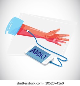 smartphone link a shot into the arm. mobile phone Social Networking Addiction, social network addiction - vector illustration