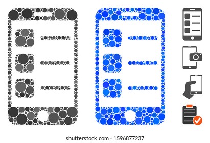 Smartphone list composition of small circles in different sizes and color tinges, based on smartphone list icon. Vector small circles are organized into blue composition.