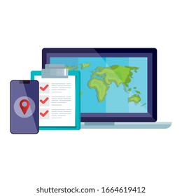 smartphone list document and world map inside laptop design, Delivery logistics transportation shipping service warehouse industry and global theme Vector illustration