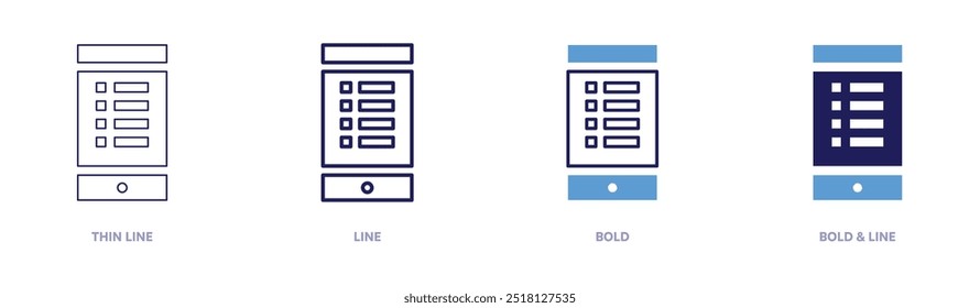Smartphone list icon in 4 different styles. Thin Line, Line, Bold, and Bold Line. Duotone style. Editable stroke.