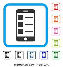 Smartphone List icon. Flat grey pictogram symbol inside a light blue rounded frame. Black, gray, green, blue, red, orange color variants of Smartphone List vector. Designed for web and app interfaces.