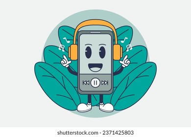 Smartphone listening to music with headphones. Design vector illustration. Can be printed as t-shirt, Poster, greeting cards, gift or room and office decoration. Also can be social media post content