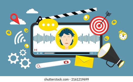 Smartphone live streaming online content, Cartoon elements design marketing illustration.