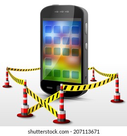Smartphone located in restricted area. Mobile phone surrounded barrier tape. 