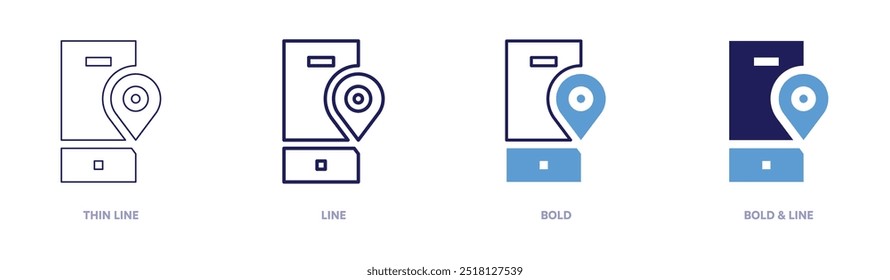 Smartphone location icon in 4 different styles. Thin Line, Line, Bold, and Bold Line. Duotone style. Editable stroke.