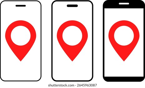 Smartphone with location icon set.  Map pin and icon. global positioning system. instant navigation service
