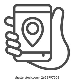 Smartphone with location map pin in hand line icon, smart device concept, phone with gps navigation sign on white background, outline style icon for mobile and web design. Vector graphics