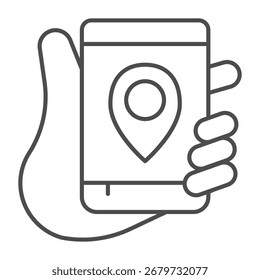 Smartphone con pin de mapa de ubicación en la mano icono de línea delgada, concepto de dispositivo inteligente, teléfono con señal de navegación GPS sobre fondo blanco, icono de estilo de contorno para móvil y Diseño web. Gráficos de Vector