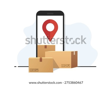 Smartphone with a location pin and cardboard boxes representing e-commerce shipping and global logistics services. Stock Illustration.