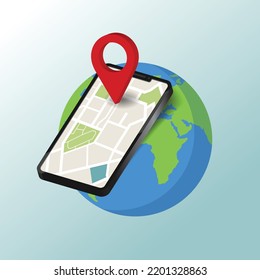 SmartPhone Location Pin Icon. Isometric view. Smartphone illustration. Navigation on earth. Smartphone and map pointer isometric vector illustration, flat cartoon mobile phone map navigator in 3d 