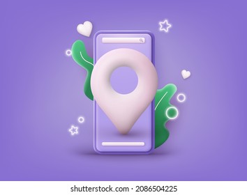 Smartphone with location pin icon on screen. 3D Web Vector Illustrations. 