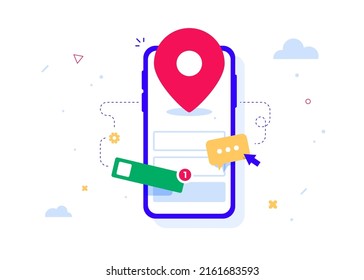 Smartphone with location pin icon on screen. Mobile app interface, geolocation, search, online navigation and GPS concept. Vector isolated illustration on white.
