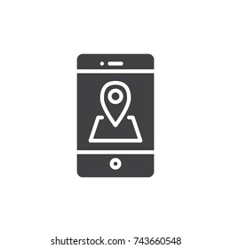 Smartphone with location pin icon vector, filled flat sign, solid pictogram isolated on white. Mobile phone GPS navigation symbol, logo illustration.