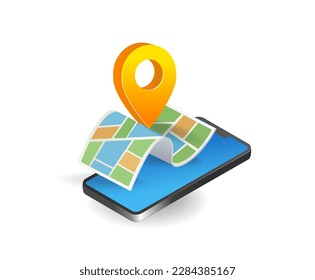 Smartphone con pin de ubicación en el mapa. Isométrica ilustración vectorial.