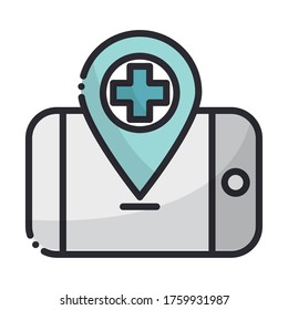 smartphone location pointer app health care medical vector illustration line and fill icon