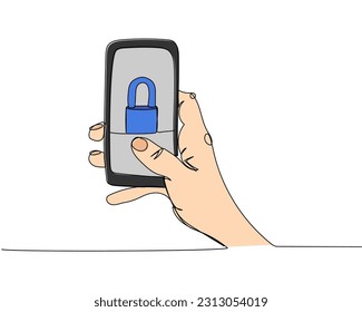 Smartphone with lock in hand, barn lock, Internet banking, bank app color, colored one line art. Continuous line drawing of bank, money, finance, payment, data, savings, economic, wealth, credit