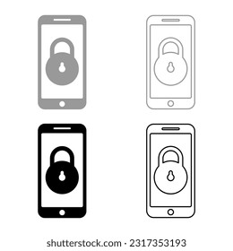 Smartphone lock personal data security cyber access concept phone locked cellphone padlock use set icon grey black color vector illustration image solid fill outline contour line thin flat style