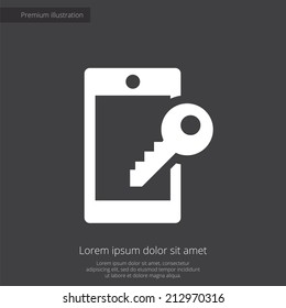 smartphone lock premium illustration icon, isolated, white on dark background, with text elements 