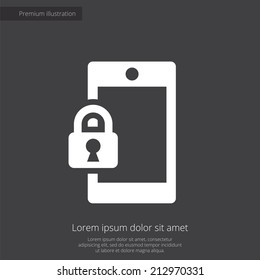 smartphone lock premium illustration icon, isolated, white on dark background, with text elements 