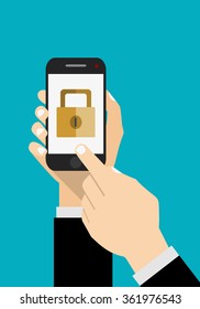 Smartphone lock screen. Hand hold smartphone, finger touch touchscreen. Modern concept for web banners, web sites, printed materials, infographics.