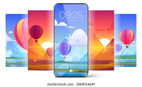 Smartphone lock screen with hot air balloon on landscape background. Mobile phone onboard page with date and time, digital cosmic wallpapers for cellphone device, Cartoon user interface design set