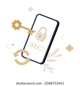 Smartphone With Lock Screen And Key In Flat Vector Illustration Symbolizing Cybersecurity, Privacy Protection, And Digital Safety, Isolated On White Background