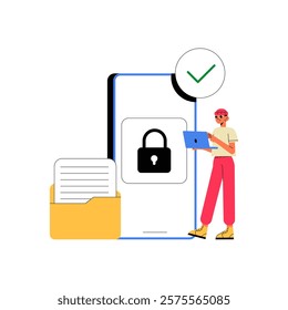 Smartphone With Lock Screen And Man Holding Laptop In Flat Vector Illustration Symbolizing Data Security And Privacy, Isolated On White Background
