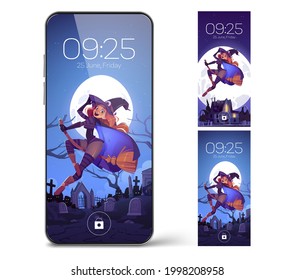 Smartphone lock screen with Witch flying on broom. Mobile phone onboard page with date and time, digital wallpapers background for cellphone device, Cartoon user interface design set