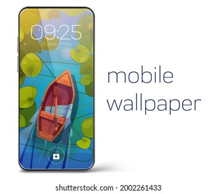 Smartphone lock screen with wooden boat on pond with water lily leaves. Mobile phone onboard page with date and time, natural wallpapers background for cellphone device, Cartoon user interface design