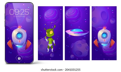 Smartphone lock screens with cartoon alien, rocket and ufo saucer in space. Mobile phone onboard pages, wallpaper with date, week day and time, Cosmic background for digital device, interface design