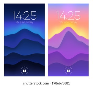 Smartphone lock screens  mobile phone onboard pages and gradient wallpaper  date  week day   time  abstract background for digital device  ui application template  user interface design mockup