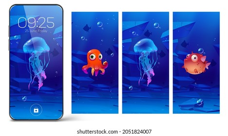 Smartphone lock screens with underwater animals, cartoon onboard pages for mobile phone. Digital wallpaper for device with cute puffer fish, jellyfish and octopus, user interface design collection