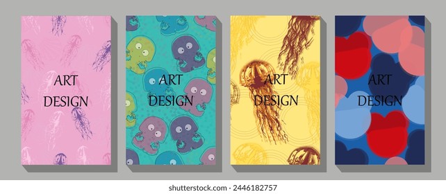 Smartphone lock screens with underwater animals, cartoon onboard pages for mobile phone.  Animal watercolor silhouette sketch. Hand draw art illustration.