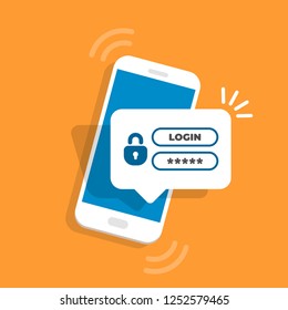 Smartphone with locked access to information.  Notification with authorization form on screen.  Vector illustration in flat style.