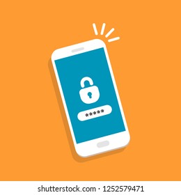 Smartphone with locked access to information.  Notification with authorization form on screen.  Vector illustration in flat style.