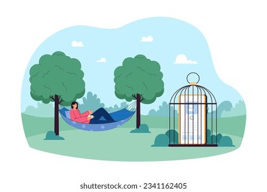 Smartphone locked in bird cage vector illustration. Happy woman lying in hammock, drinking tea and enjoying nature without gadgets and internet. Digital detox, nature concept