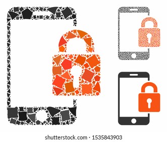 Smartphone locked composition of bumpy parts in variable sizes and color hues, based on smartphone locked icon. Vector unequal parts are grouped into composition.