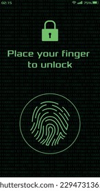 Smartphone mit Nummer verschlossen, um mit dem Fingerabdruck, modern und grünes Licht zu identifizieren. Zugriffskontrolle mit Hacking Theme. Vektorkonzept