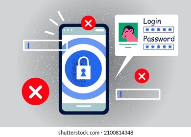 Smartphone login and password notification on screen for web personal data safety. Sign in authorization on cellphone mobile device. Virtual protection, digital identification. Vector illustration. 