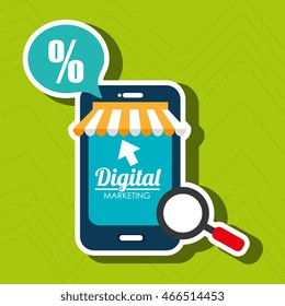 smartphone, loupe  and cursor design with a media icon over a white circle. green background vector illustration 