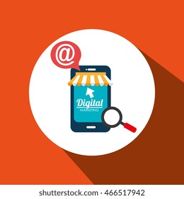 smartphone, loupe  and cursor design with a media icon over a white circle. orange background vector illustration 